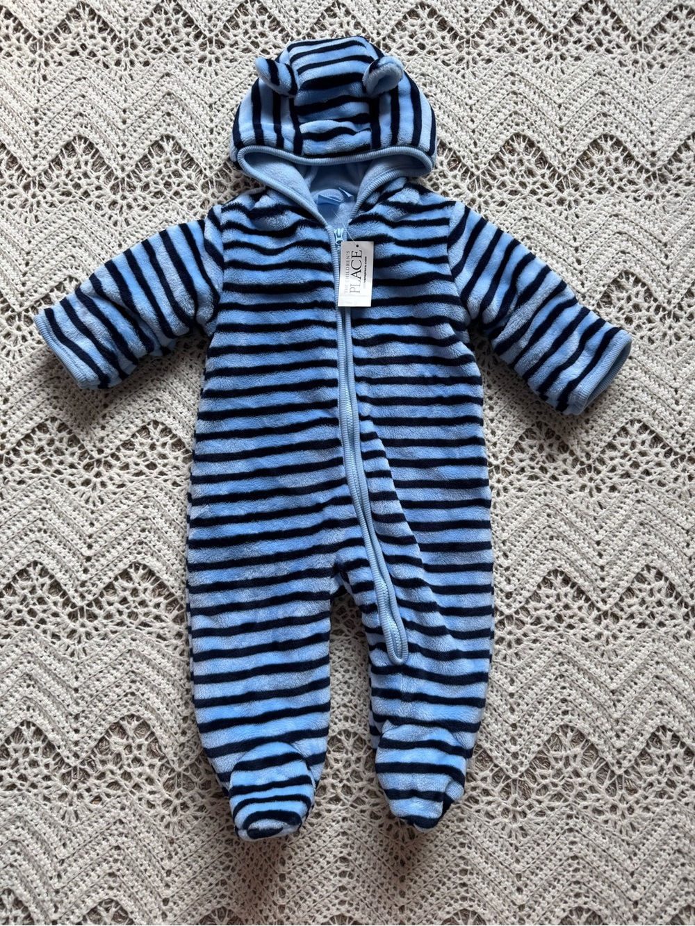 NWT The Children's Place Blue Black Striped Fleece Hooded Footie Snowsuit 3-6